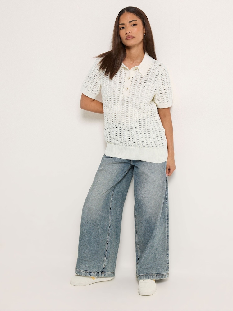PixieGirl Petite Natural Crochet Polo Top - Image 2 of 5 PixieGirl Petite Natural Crochet Polo Top - Image 2 of 5