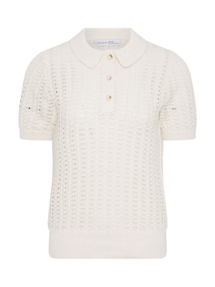 PixieGirl Petite Natural Crochet Polo Top - Image 5 of 5 PixieGirl Petite Natural Crochet Polo Top - Image 5 of 5