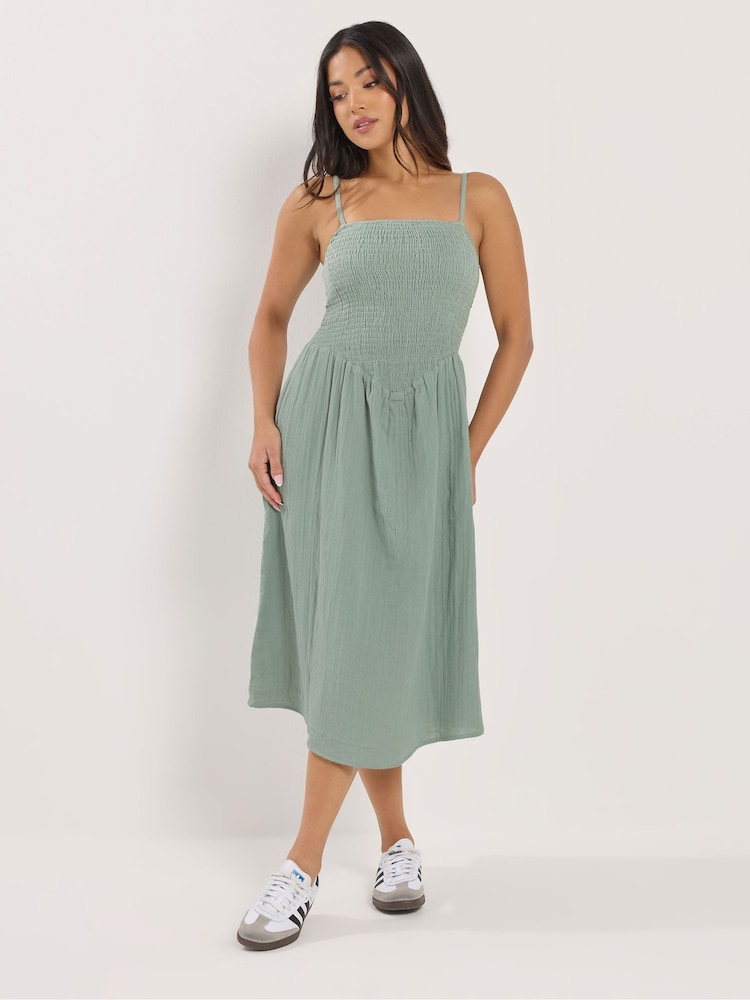 PixieGirl Petite Green Shirred Cheesecloth Midi Dress - Image 1 of 4