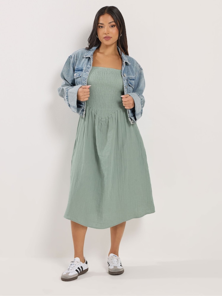 PixieGirl Petite Green Shirred Cheesecloth Midi Dress - Image 2 of 4