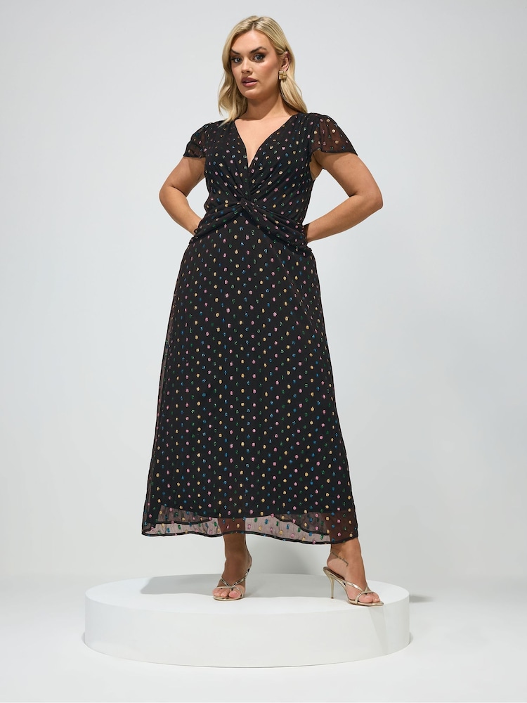 Yours Curve Black London Dobby Twist Front Dress - Image 1 of 5