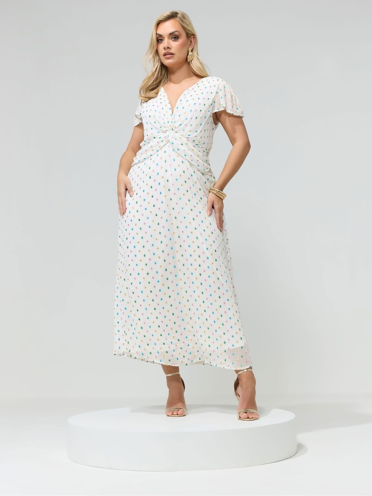 Yours Curve White London Dobby Twist Front Dress - Image 1 of 5
