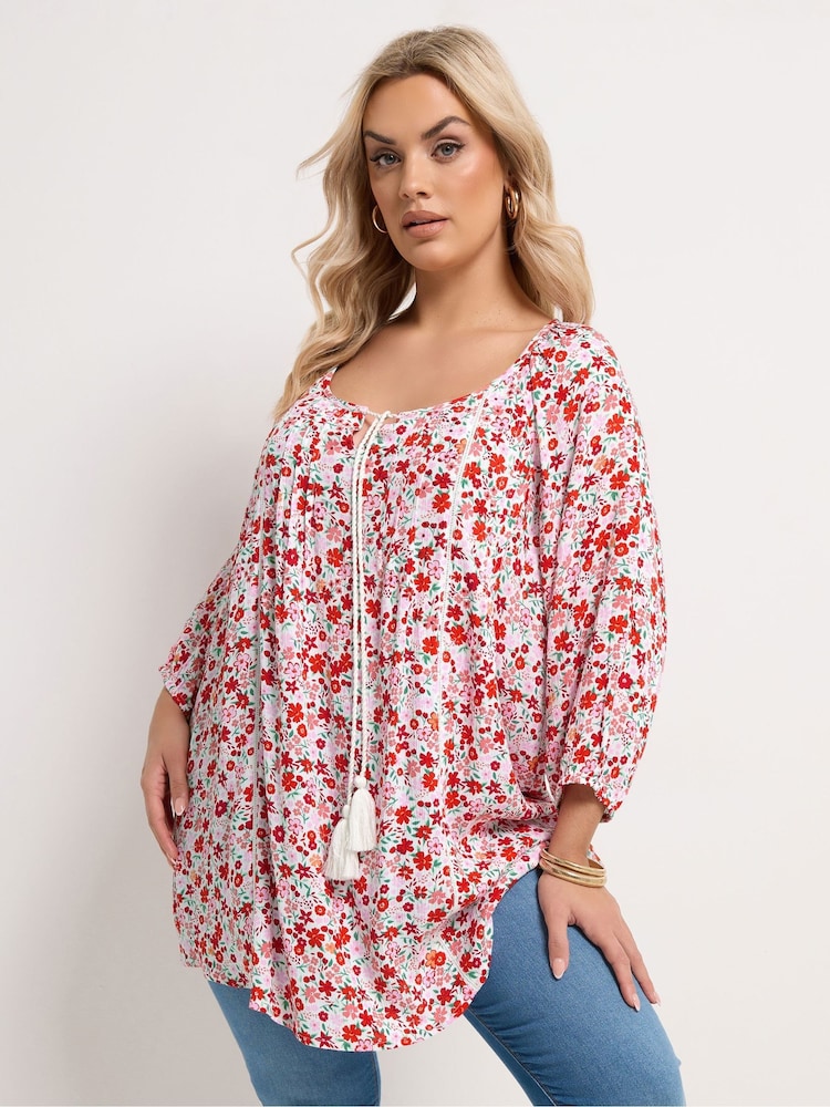 Yours Curve Red Ditsy Floral Blouse - Image 1 of 5