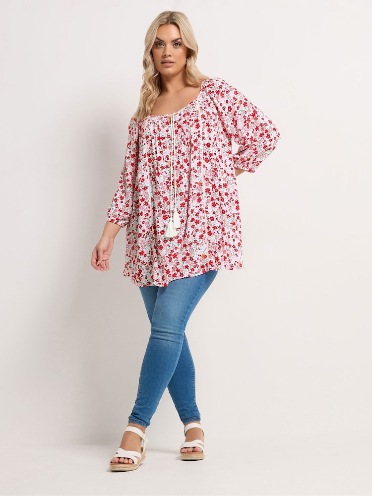 Yours Curve Red Ditsy Floral Blouse - Image 2 of 5