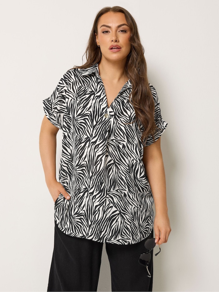 Yours Curve Black Collar Button Half Placket Blouse - Image 1 of 4