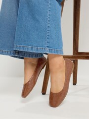 Yours Curve Brown Wide Fit EEE Croc Square Toe Ballet Pumps - Image 1 of 1