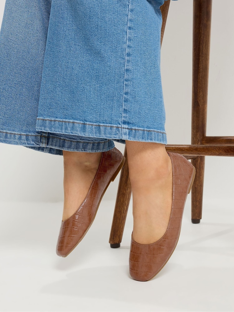 Yours Curve Brown Wide Fit EEE Croc Square Toe Ballet Pumps - Image 1 of 1