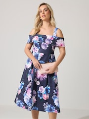 Yours Curve Blue London Cold Shoulder Skater Dress - Image 1 of 5