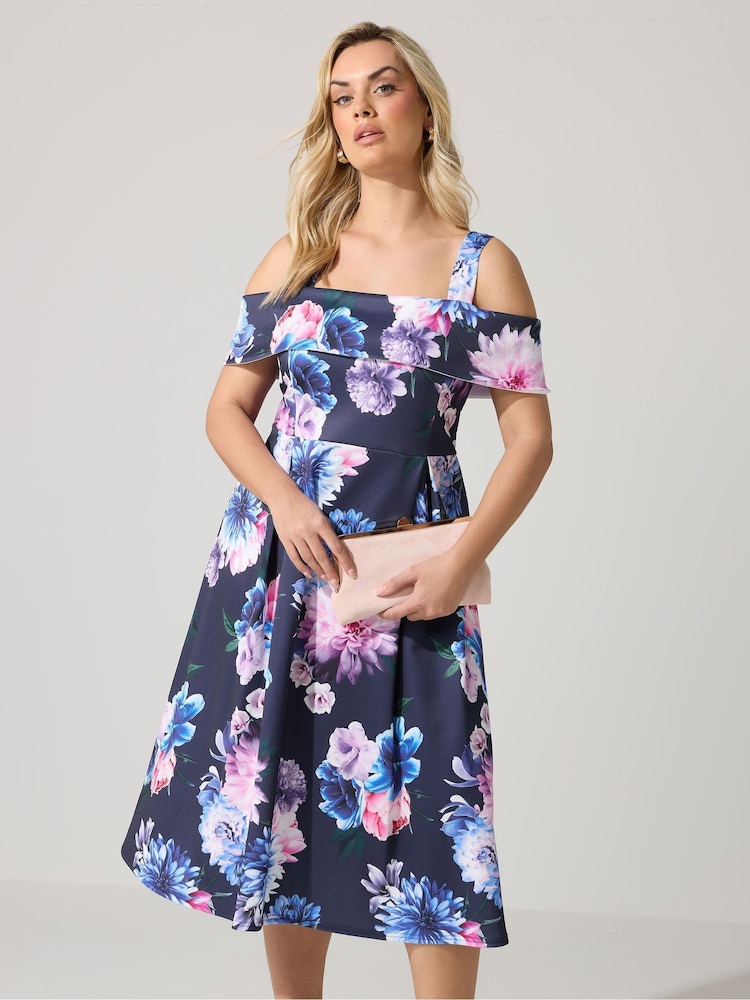 Yours Curve Blue London Cold Shoulder Skater Dress - Image 1 of 5