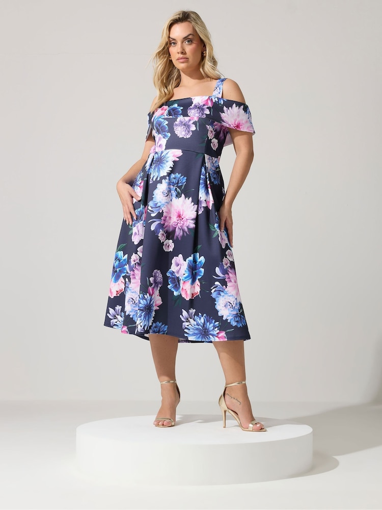 Yours Curve Blue London Cold Shoulder Skater Dress - Image 2 of 5