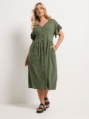 Yours Curve Green Floral Frill Sleeve Dress - Image 1 of 5