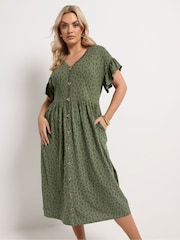 Yours Curve Green Floral Frill Sleeve Dress - Image 3 of 5