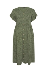 Yours Curve Green Floral Frill Sleeve Dress - Image 5 of 5