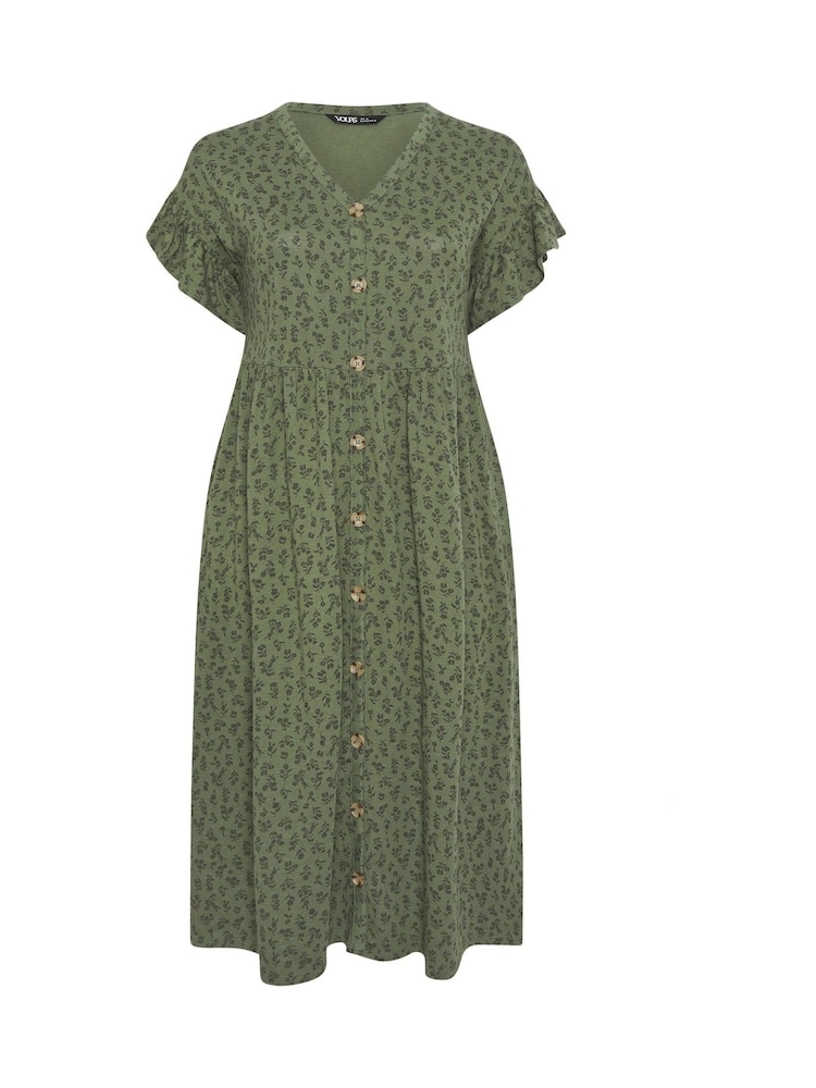Yours Curve Green Floral Frill Sleeve Dress - Image 5 of 5