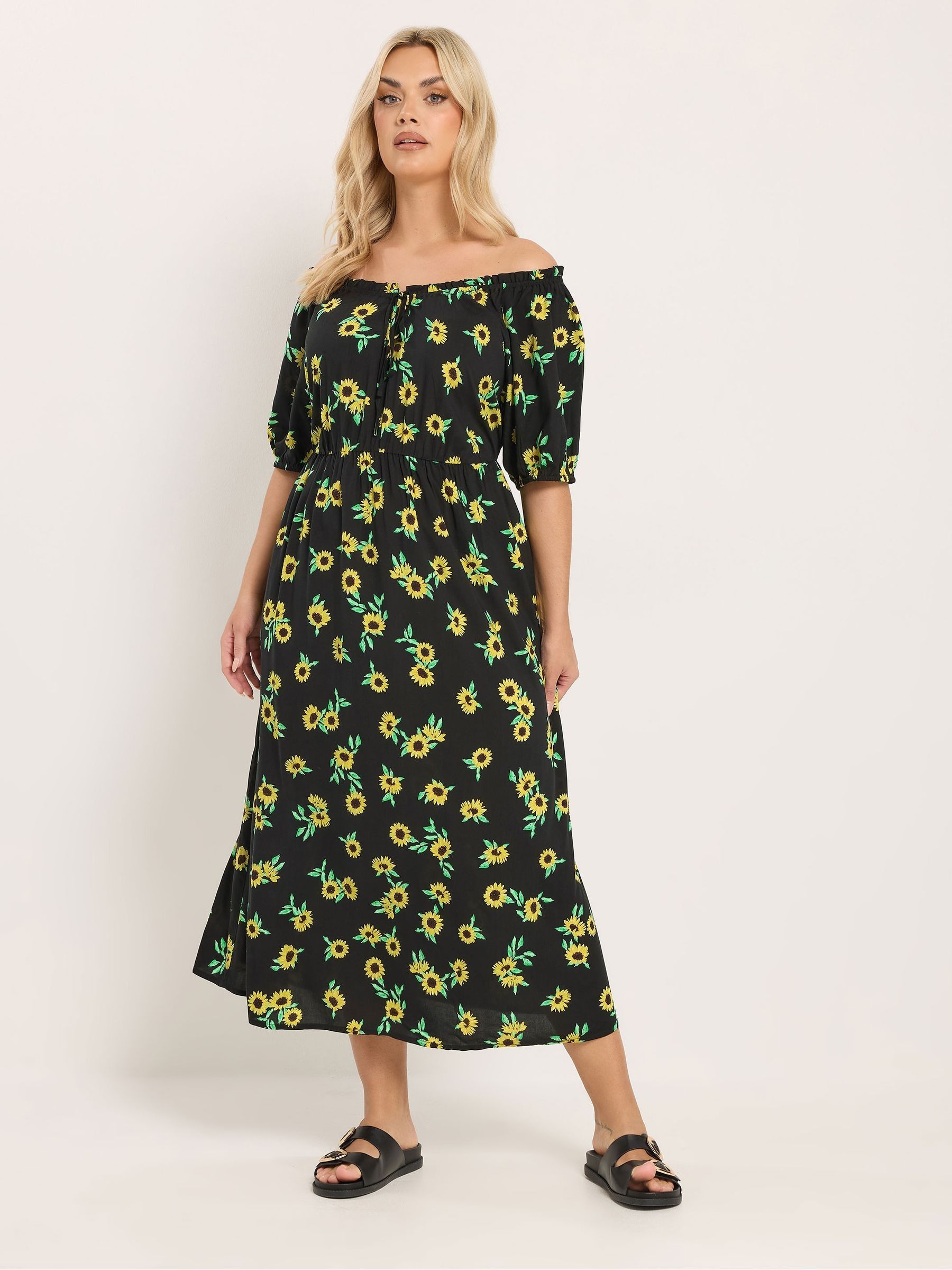 sunflower dress black Plus Size & Curve Sunflower Print Plunging Neck High Low Maxi Summer Vacation Dress In BLACK