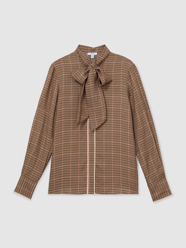 Reiss Minnie Check Tie-Neck Blouse - Larawan 2 ng 7