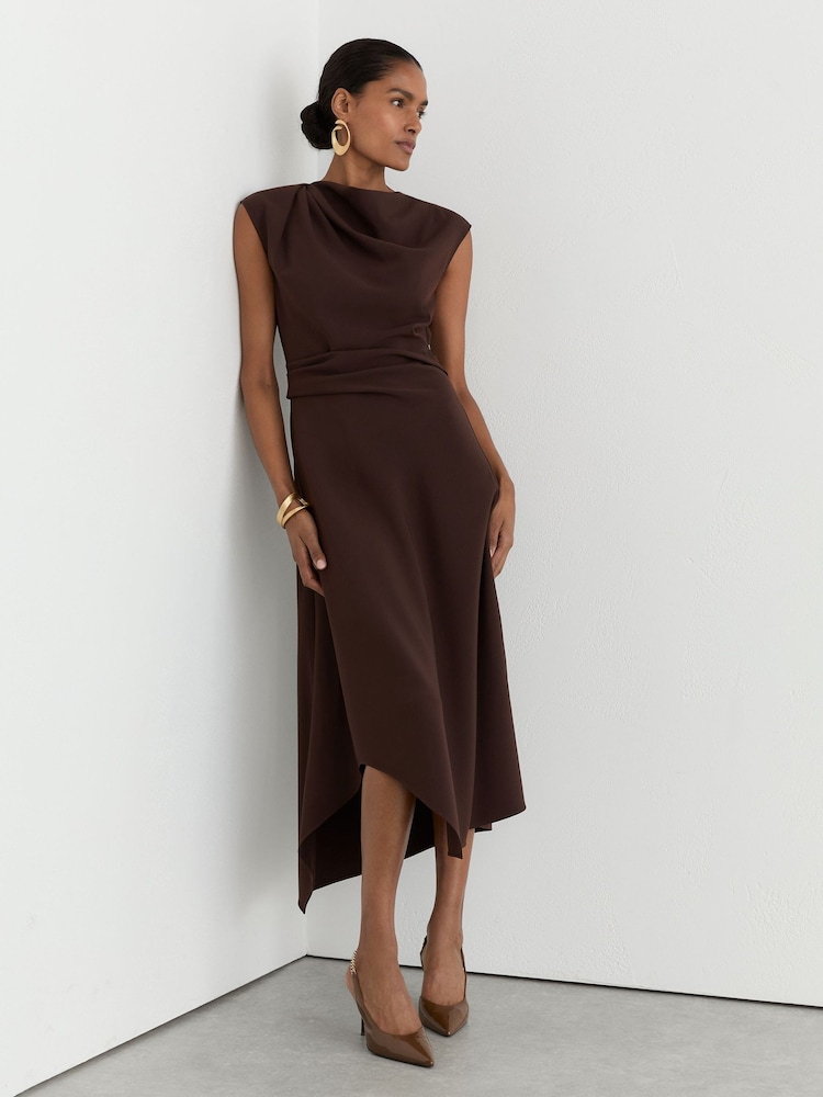 Reiss Grape Burgundy Camilla Gathered-Detail Draped Midi Dress - Image 1 of 8 Reiss Grape Burgundy Camilla Gathered-Detail Draped Midi Dress - Image 1 of 8