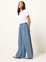 PixieGirl Petite Blue Linen Blend Side Stripe Wide Leg Trousers - Image 1 of 5