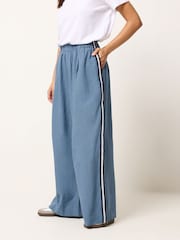 PixieGirl Petite Blue Linen Blend Side Stripe Wide Leg Trousers - Image 2 of 5