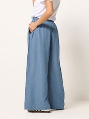 PixieGirl Petite Blue Linen Blend Side Stripe Wide Leg Trousers - Image 3 of 5