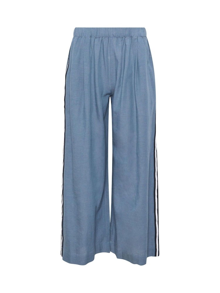 PixieGirl Petite Blue Linen Blend Side Stripe Wide Leg Trousers - Image 5 of 5