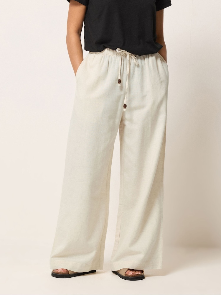 PixieGirl Petite White Linen Blend Bead Drawstring Wide Leg Trousers - Image 2 of 5