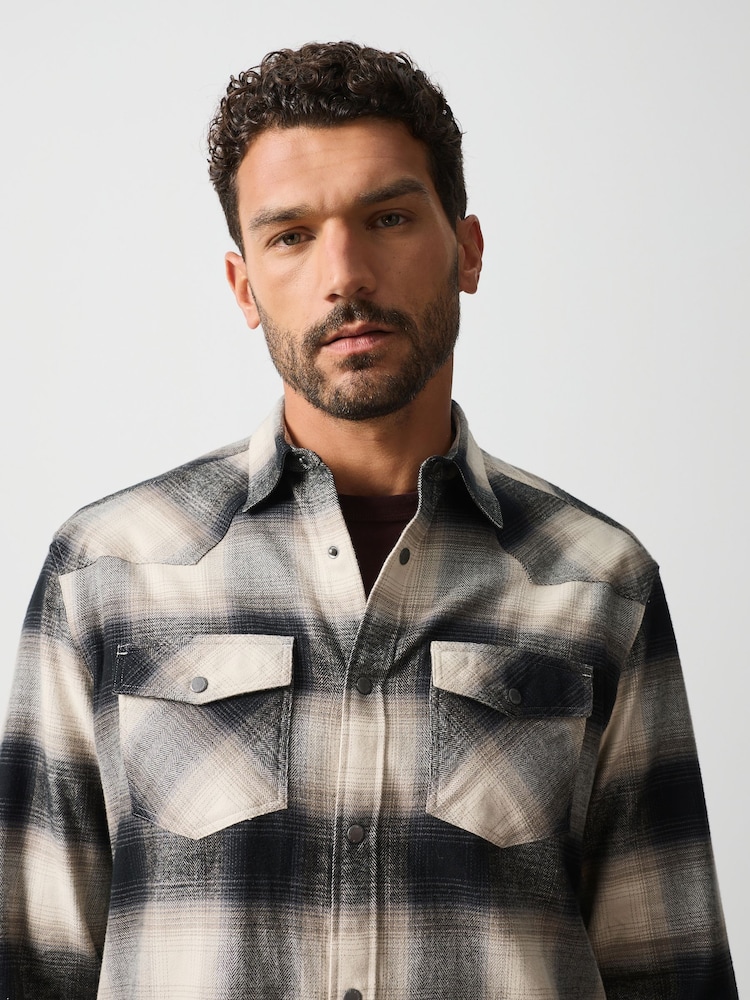 Monochrome Check Western Styling Long Sleeve Shirt - Image 1 of 8 Monochrome Check Western Styling Long Sleeve Shirt - Image 1 of 8
