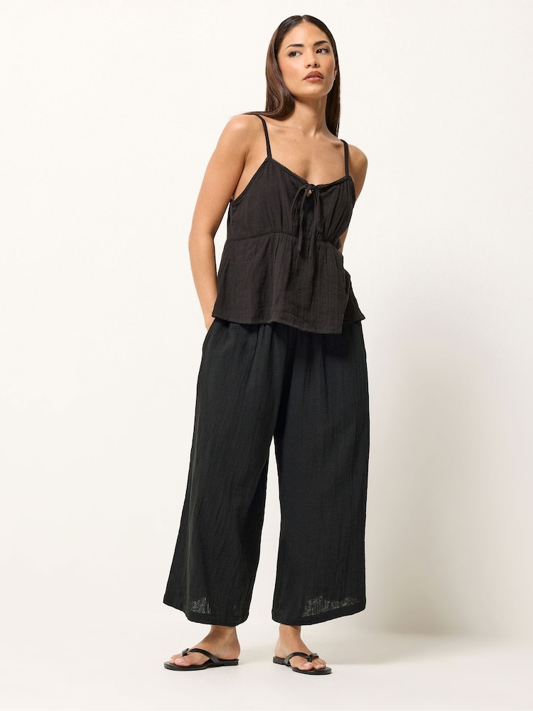 PixieGirl Petite Black Cheesecloth Wide Leg Cropped Culottes - Image 1 of 4