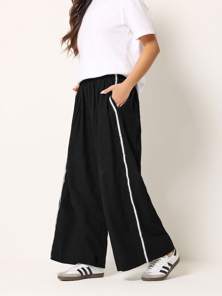 PixieGirl Petite Black Linen Blend Side Stripe Wide Leg Trousers - Image 2 of 5