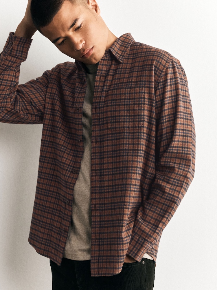 Charcoal Blue Textured Check Long Sleeve Shirt - Image 1 of 9 Charcoal Blue Textured Check Long Sleeve Shirt - Image 1 of 9