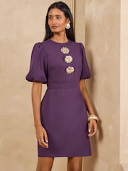 Love & Roses Aubergine Purple Gold Flower Button Puff Sleeve  Mini Dress - Image 1 of 4