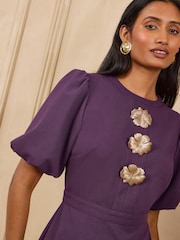 Love & Roses Aubergine Purple Gold Flower Button Puff Sleeve  Mini Dress - Image 2 of 4