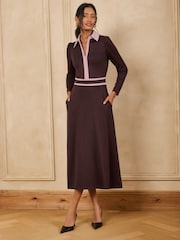 Love & Roses Chocolate Brown Contrast Ponte Midi Dress - Image 1 of 4