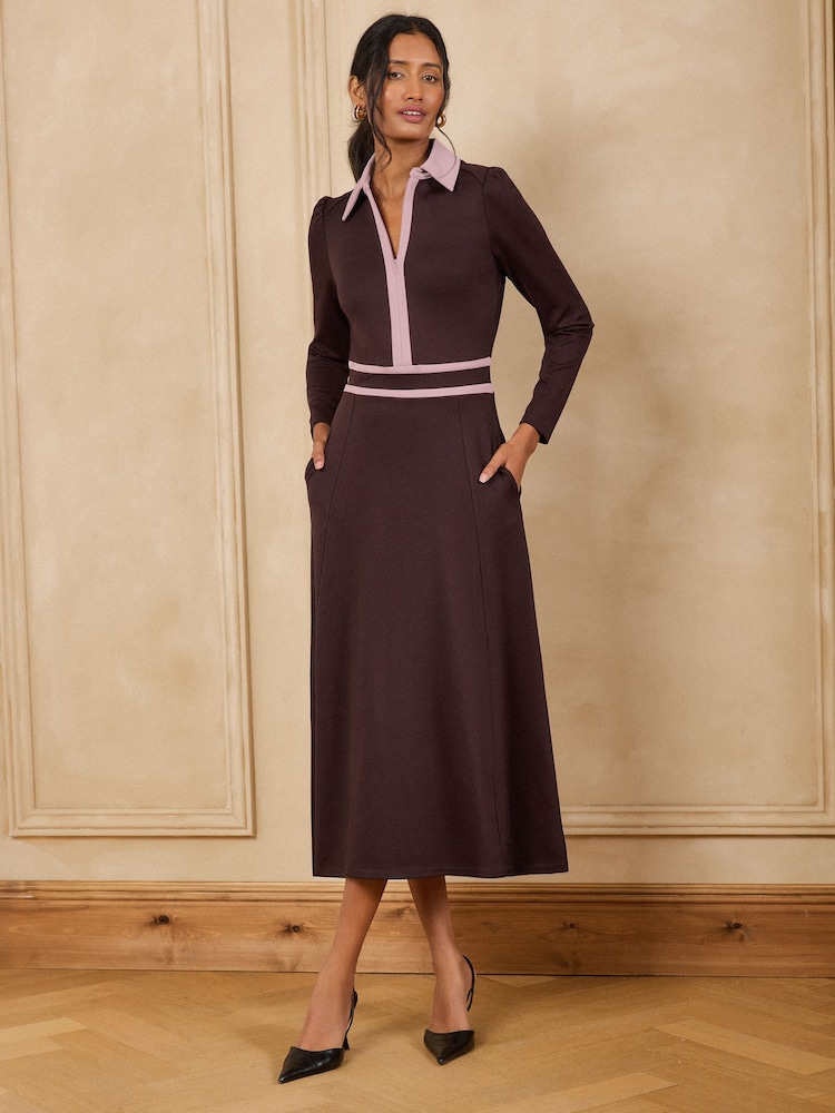 Love & Roses Chocolate Brown Contrast Ponte Midi Dress - Image 1 of 4 Love & Roses Chocolate Brown Contrast Ponte Midi Dress - Image 1 of 4