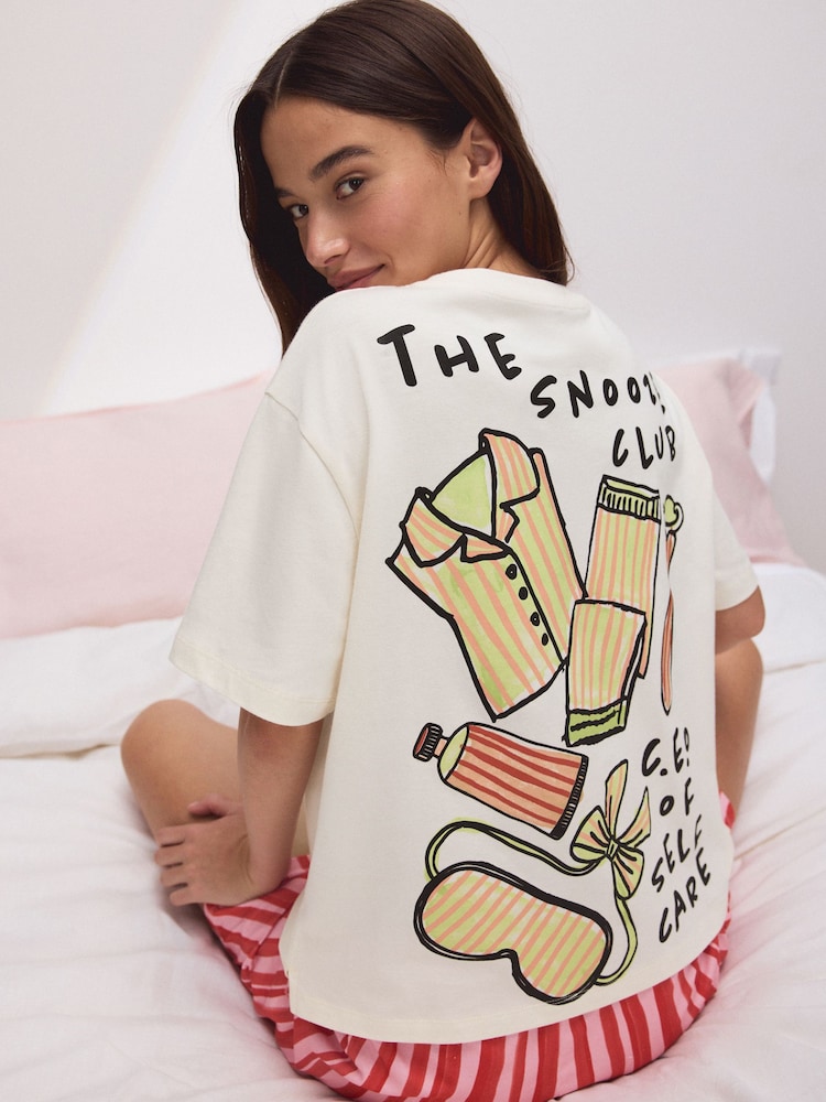 Cream/Pink Stripe Snooze Club Back Graphic Short Set Pyjamas - Image 1 of 6