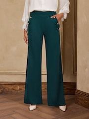 Love & Roses Forest Green Button Detail Wide Leg Ponte Trousers - Image 1 of 4