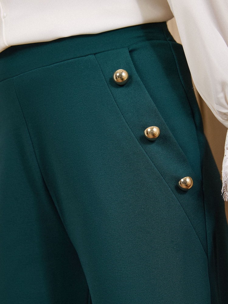 Love & Roses Forest Green Button Detail Wide Leg Ponte Trousers - Image 2 of 4