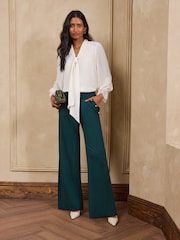Love & Roses Forest Green Button Detail Wide Leg Ponte Trousers - Image 3 of 4