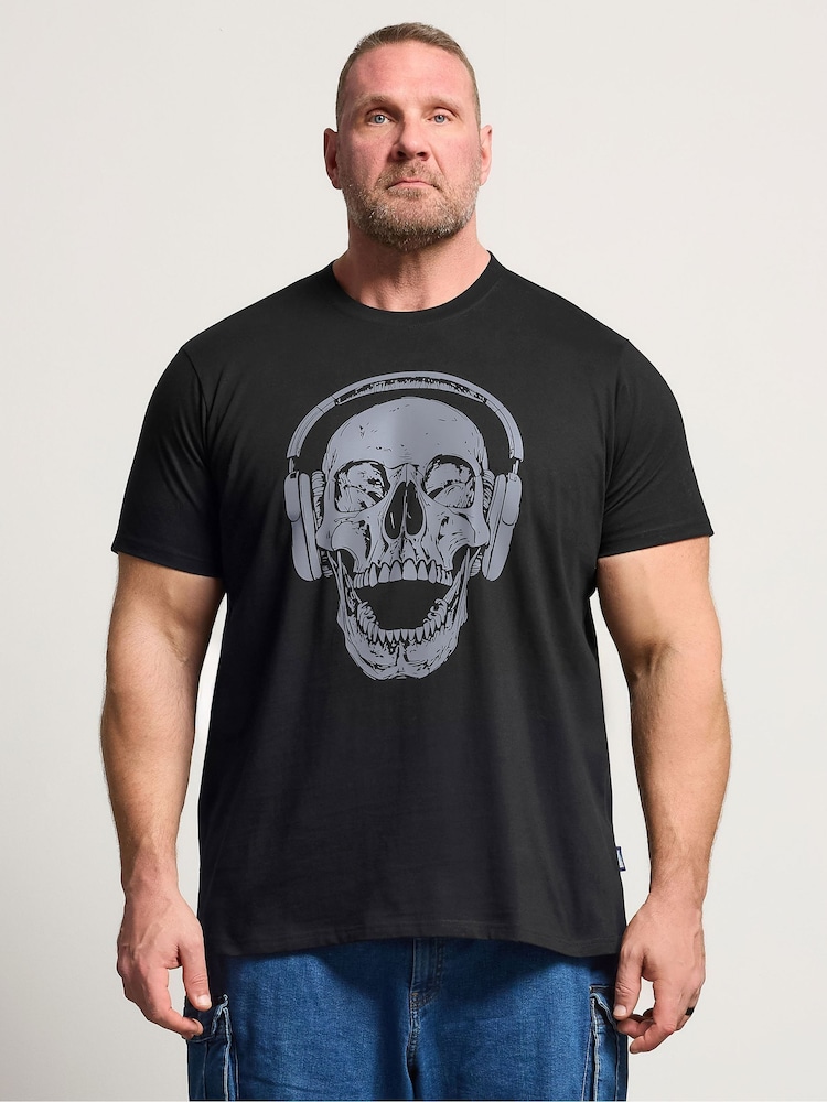 BadRhino Big & Tall Black Skull Headphones T-Shirt - Image 1 of 6