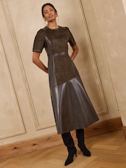 Love & Roses Chocolate Brown Petite Suede Faux Leather Stud Mix Midi Dress - Image 1 of 5