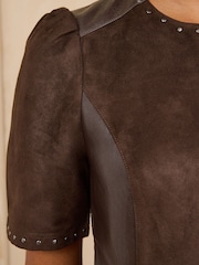 Love & Roses Chocolate Brown Petite Suede Faux Leather Stud Mix Midi Dress - Image 5 of 5