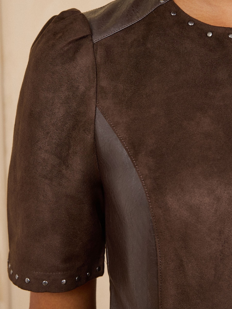 Love & Roses Chocolate Brown Petite Suede Faux Leather Stud Mix Midi Dress - Image 5 of 5 Love & Roses Chocolate Brown Petite Suede Faux Leather Stud Mix Midi Dress - Image 5 of 5