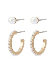 AllSaints Gold Tone Hazel Pearl Stud & Huggie Duo Earrings Set - Image 1 of 3