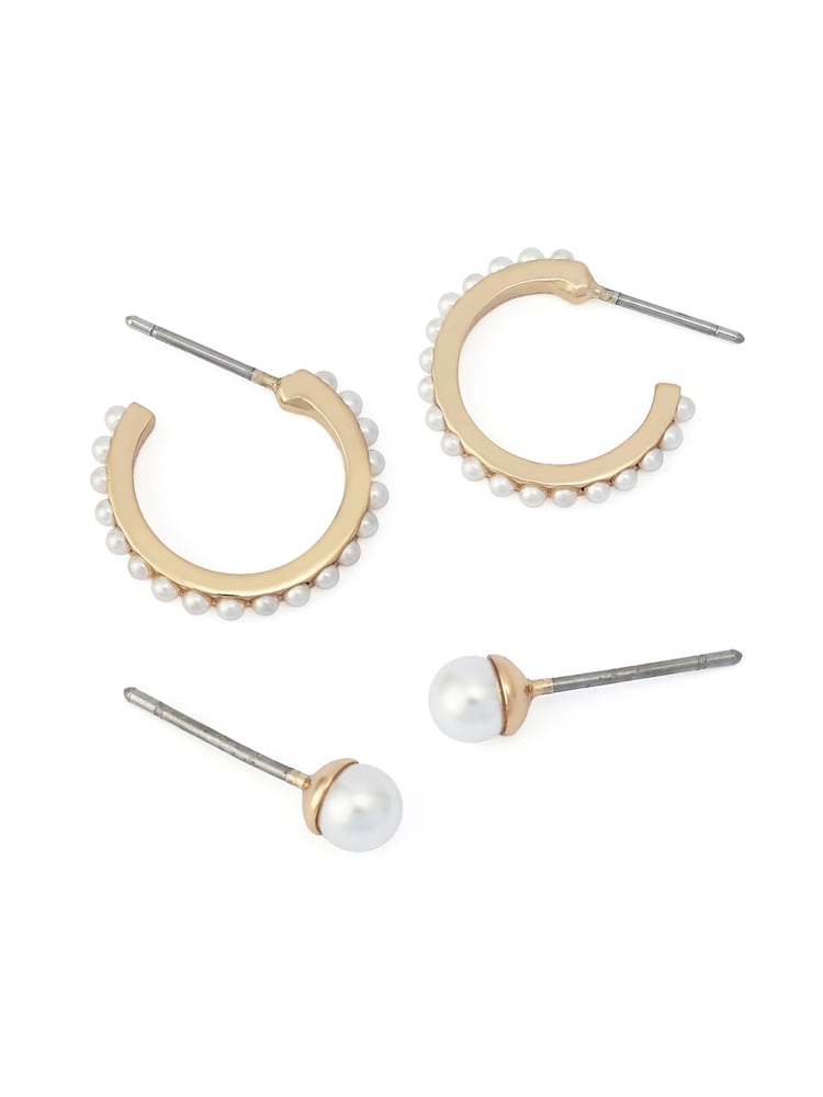 AllSaints Gold Tone Hazel Pearl Stud & Huggie Duo Earrings Set - Image 2 of 3