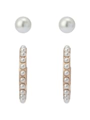 AllSaints Gold Tone Hazel Pearl Stud & Huggie Duo Earrings Set - Image 3 of 3
