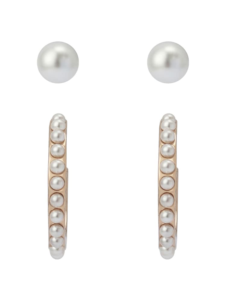 AllSaints Gold Tone Hazel Pearl Stud & Huggie Duo Earrings Set - Image 3 of 3