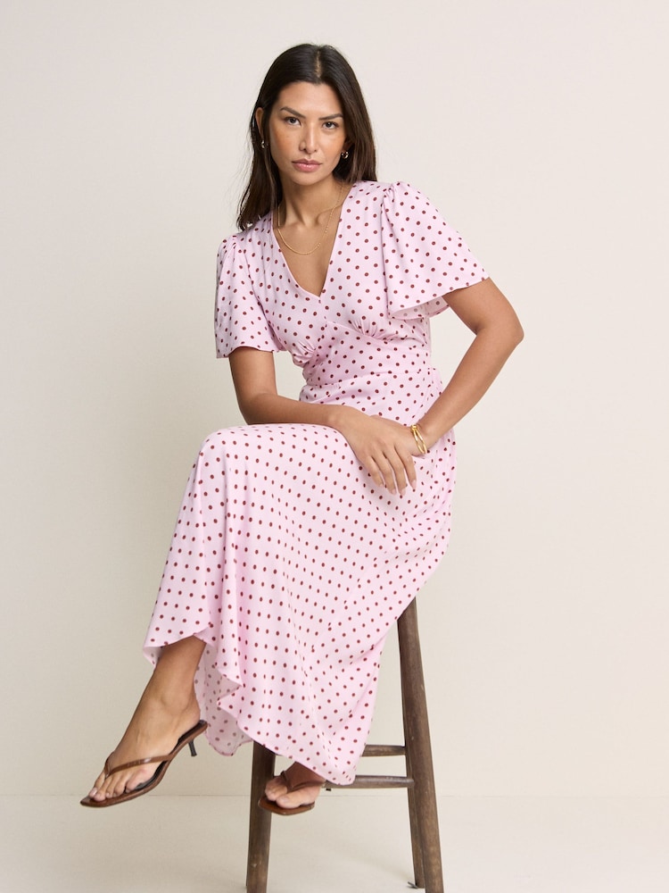 pink dress with brown polka dots Pink & Brown Polka Dot Collared Midi Dress with Self-Tie Belt