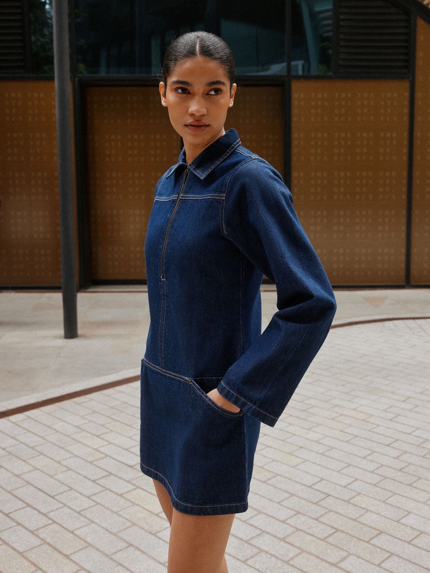 Buy Indigo Rinse Blue Zip Front Long Sleeve Denim Mini Dress from