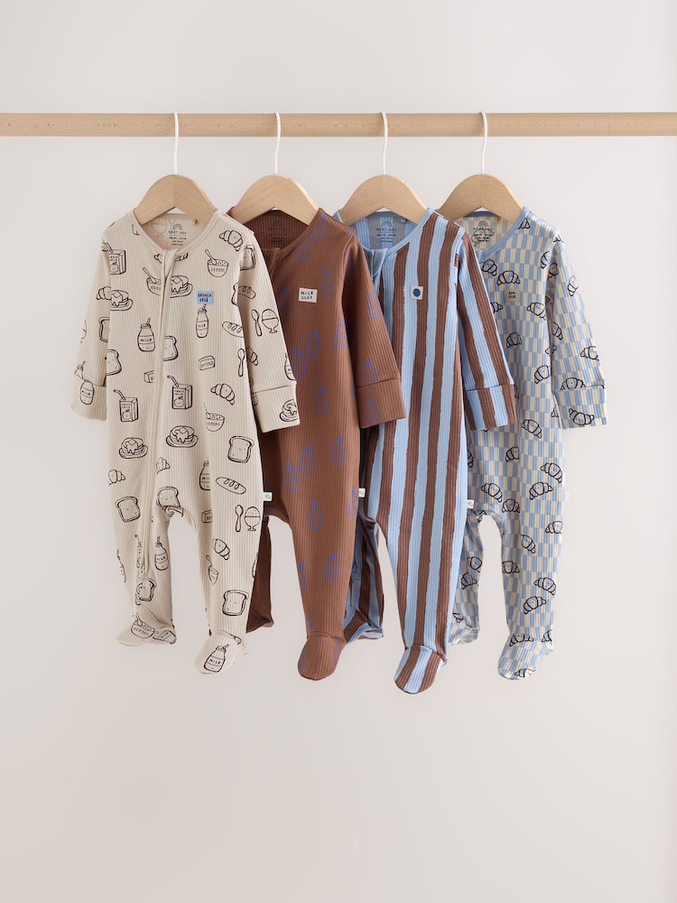 Blue/Brown Brunch Two Way Zip Baby Sleepsuits 4 Pack (0mths-2yrs) - Image 1 of 11