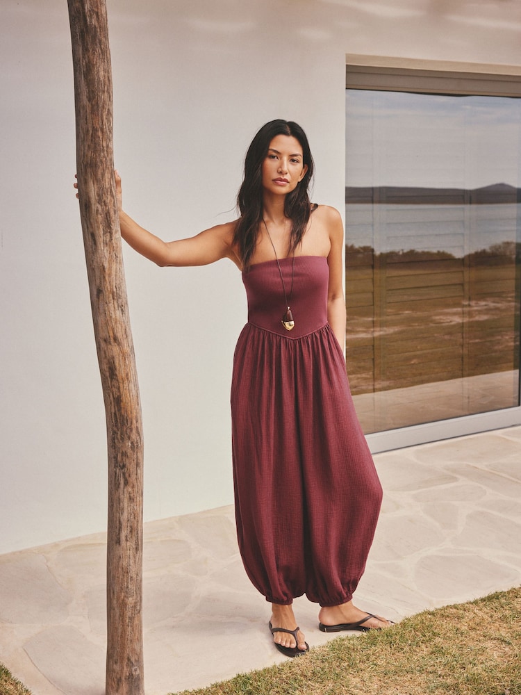 Wine Jersey Bandeau Balloon Leg Jumpsuit - Image 1 of 1 Wine Jersey Bandeau Balloon Leg Jumpsuit - Image 1 of 1